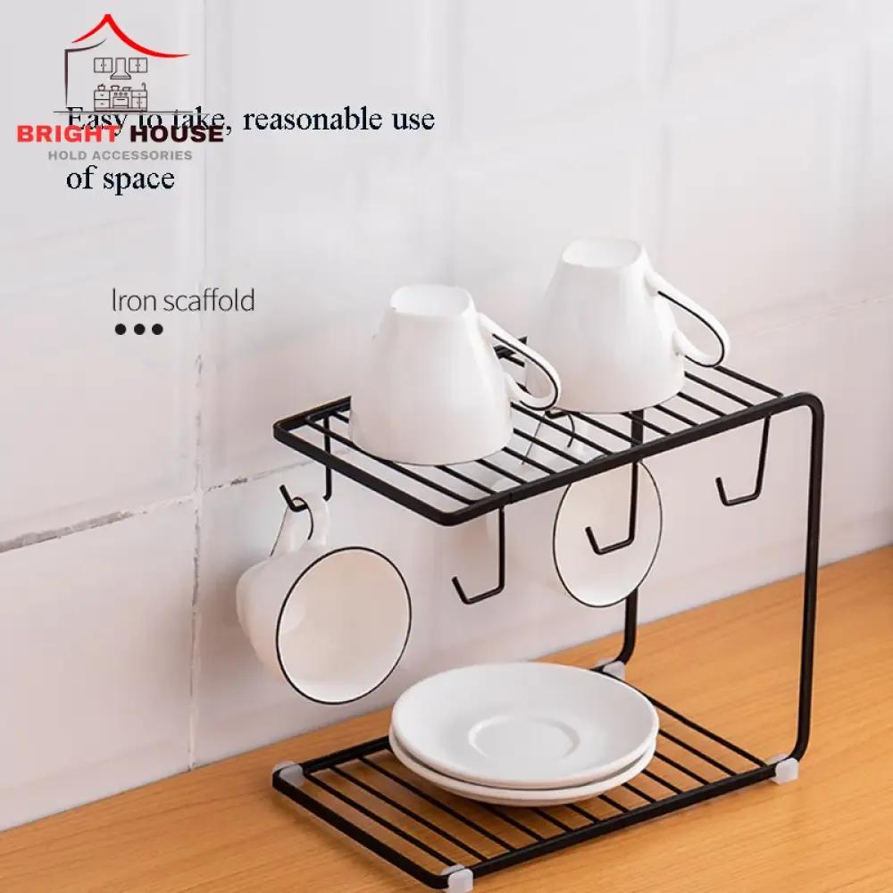 2-Tier Metal Mug Holder & Kitchen Counter Organizer Rack with Cup Hooks