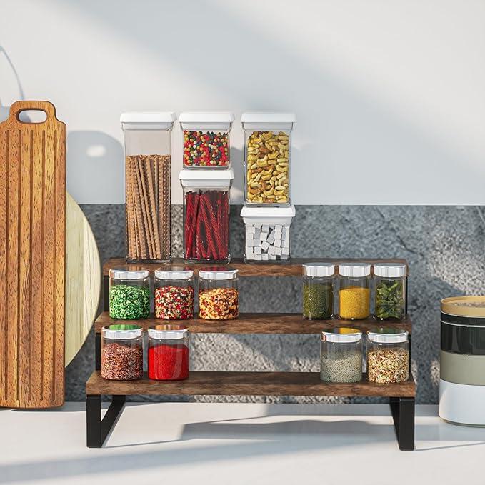3-Tier Kitchen Counter Shelf Organizer – Rustic Wooden Spice Rack & Storage Stand