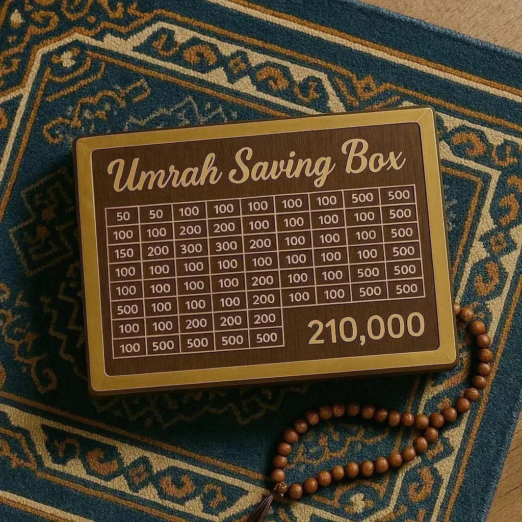 Premium Wooden Umrah Saving Box – Money Saving Challenge Piggy Bank | 210,000 Savings Goal