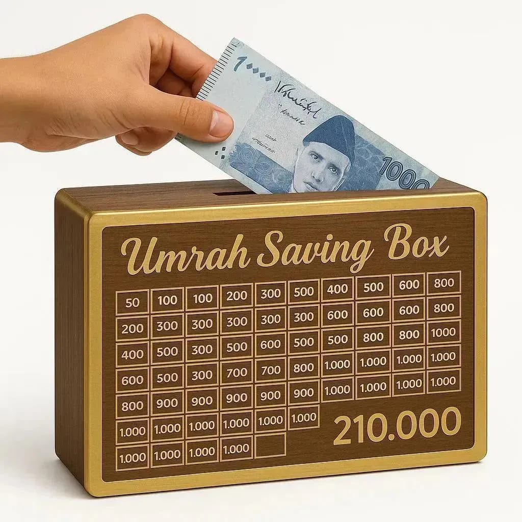 Premium Wooden Umrah Saving Box – Money Saving Challenge Piggy Bank | 210,000 Savings Goal