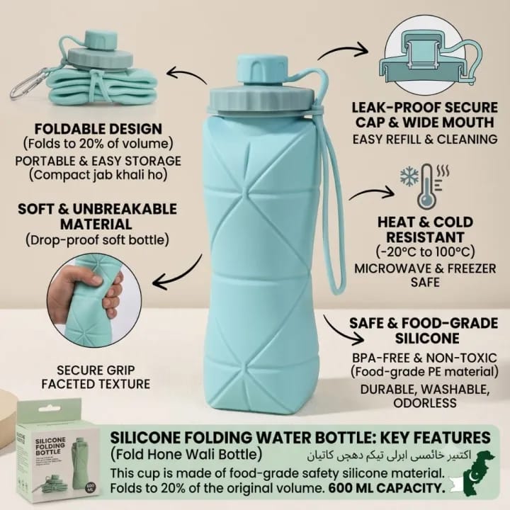 Foldable Silicone Water Bottle (600ml) – Compact, Unbreakable & Travel-Ready