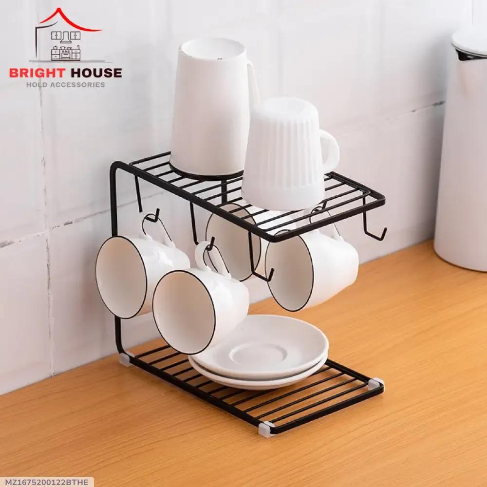 2-Tier Metal Mug Holder & Kitchen Counter Organizer Rack with Cup Hooks
